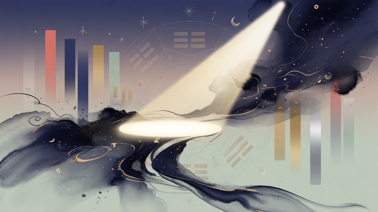 以现代插画融合东方命理元素,舞台光影与水墨流动交织,象征才艺能量的流转与五行智慧的平衡。