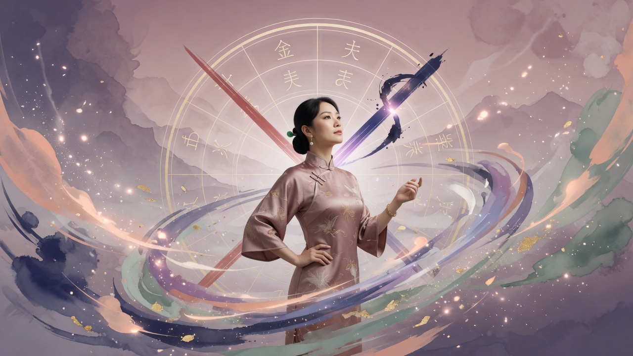 现代与传统交融的命理插画:女性在舆论旋风中保持自我,背后隐现八字十神的能量博弈。