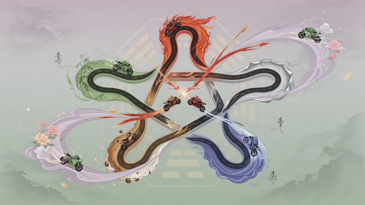 八字五行与赛道交织的东方命理现代插画,象征竞技中的比劫与食伤能量。