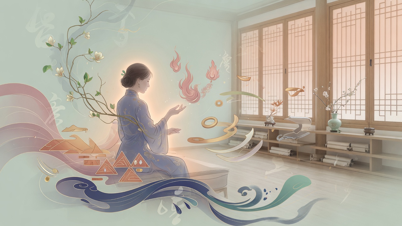 东方命理与现代教室融合插画,象征五行能量与教育智慧的流动。