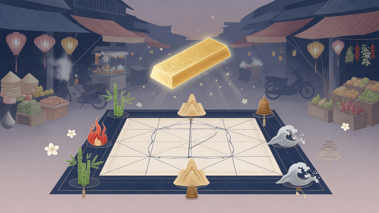 东方命理视角下的黄金与时机,融合五行元素与现代插画风格。