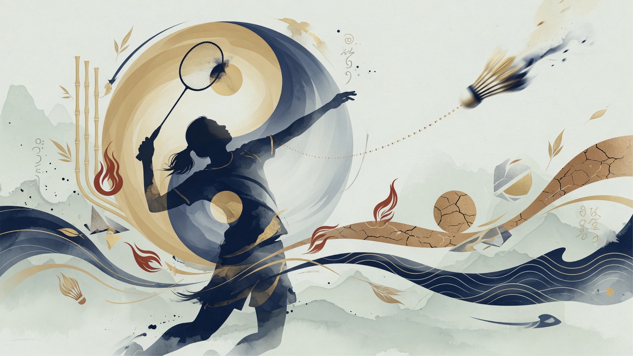 东方命理现代插画:阴阳五行与羽球运动员剪影交融,象征时势与个人选择的动态平衡。