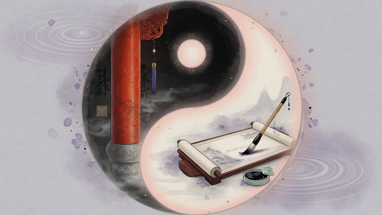 东方命理插画:官杀如砥柱,印星如春风,共构社会秩序的阴阳平衡(无文字)