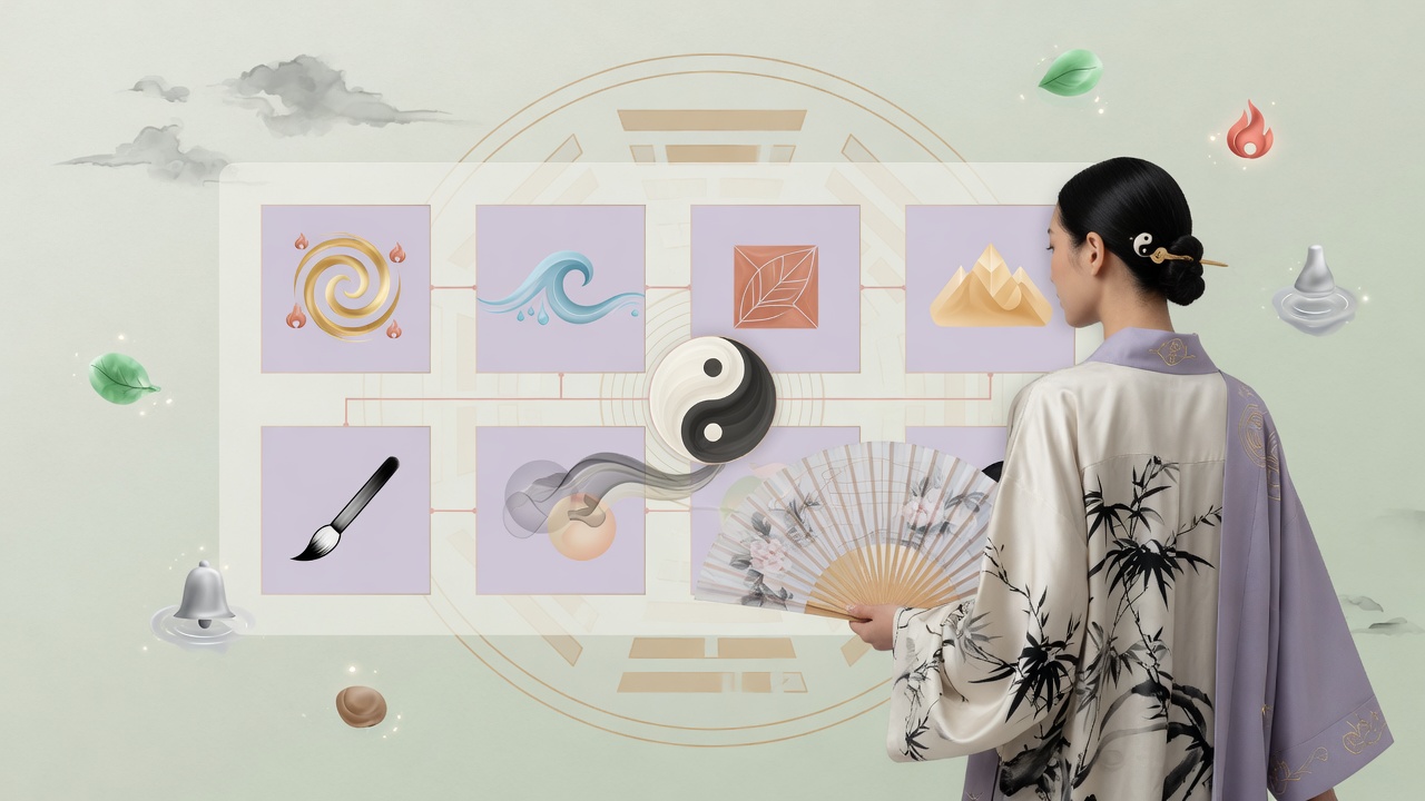 八字命理与现代自我表达的抽象融合插画(配图示意)