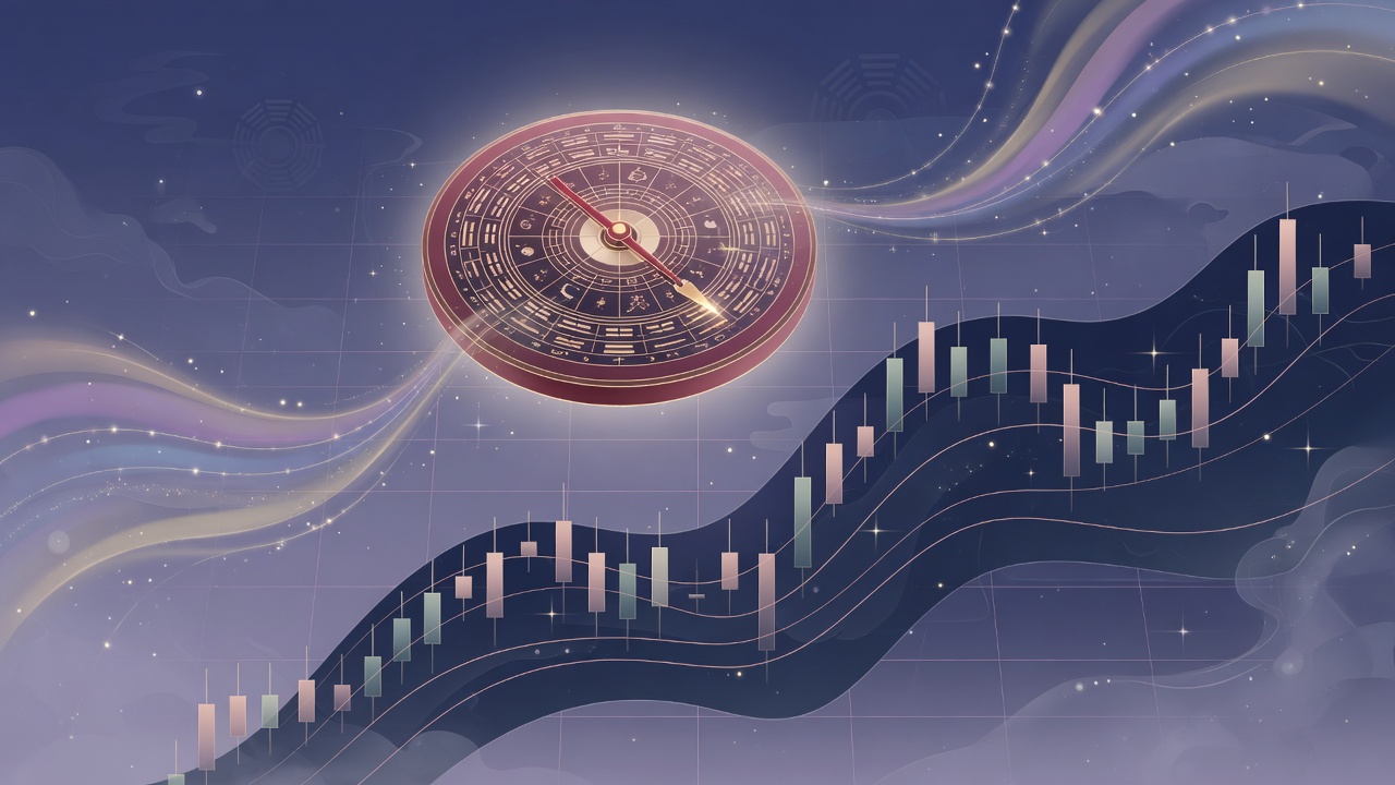 东方命理罗盘与抽象金融图表超现实融合,象征时势与个人选择的交汇。