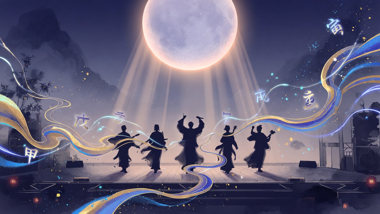 传统命理符号与演唱会光影融合的东方现代插画,象征偶像能量流动。