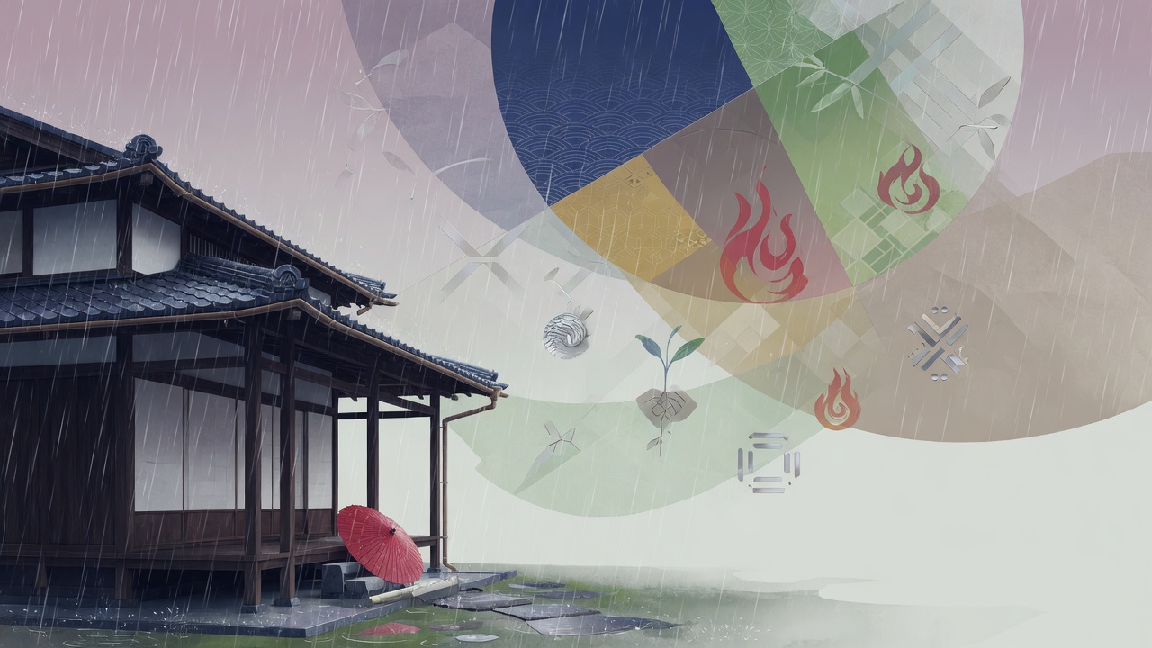 配图说明:东方命理现代插画,日本传统建筑与大雨中的五行元素意象,不含文字。
