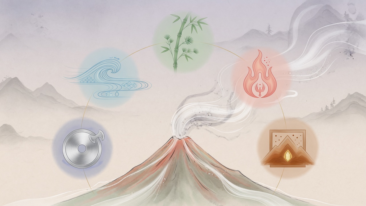 东方命理五行平衡意象与现代火山自然景观的理性融合插画