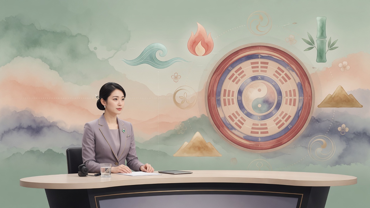 东方命理与现代播音职业结合的理性科普插画