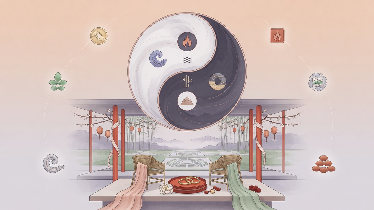 八字五行与婚庆安全意象的现代插画