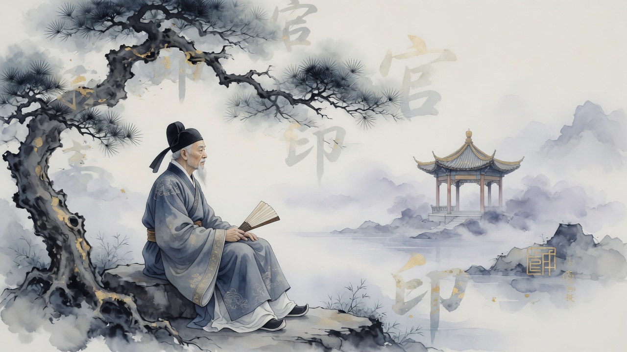 一幅现代水墨风格插画,老者在松树下远眺,背景隐约融入“官”与“印”字样,象征人生阶段的沉淀与智慧。