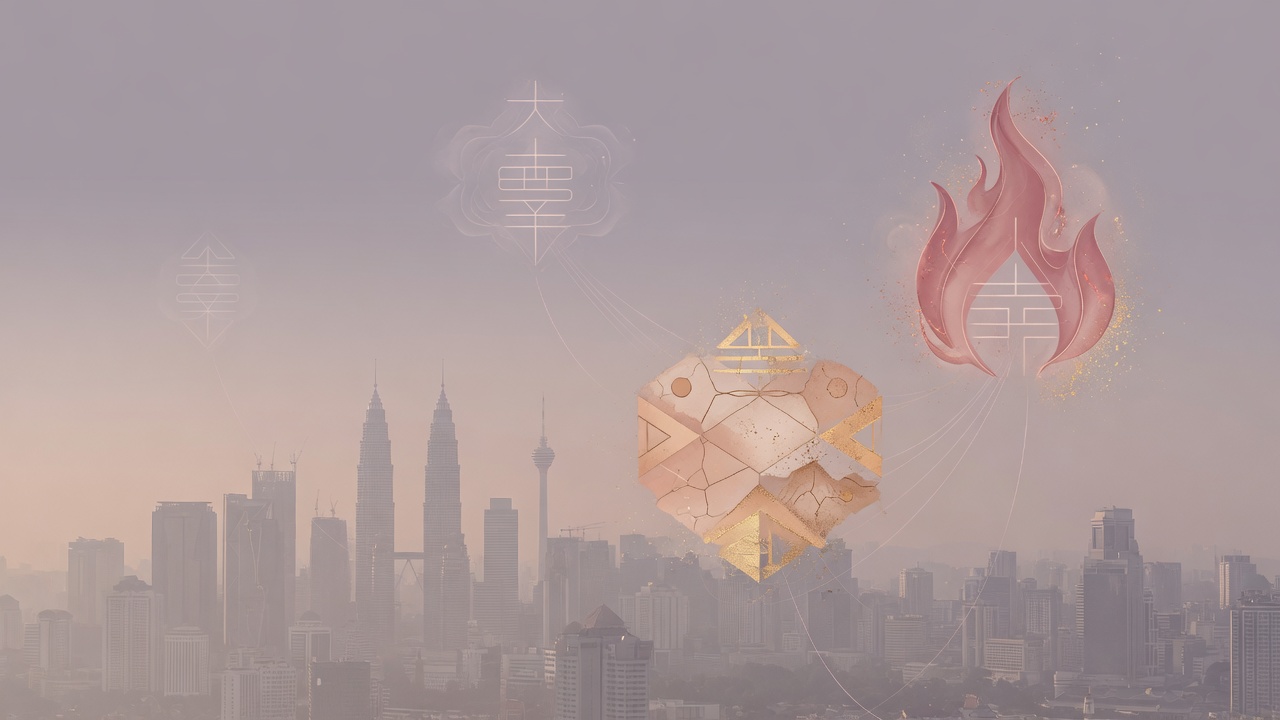 烟霾笼罩的城市与五行能量示意,体现天人感应的东方哲思