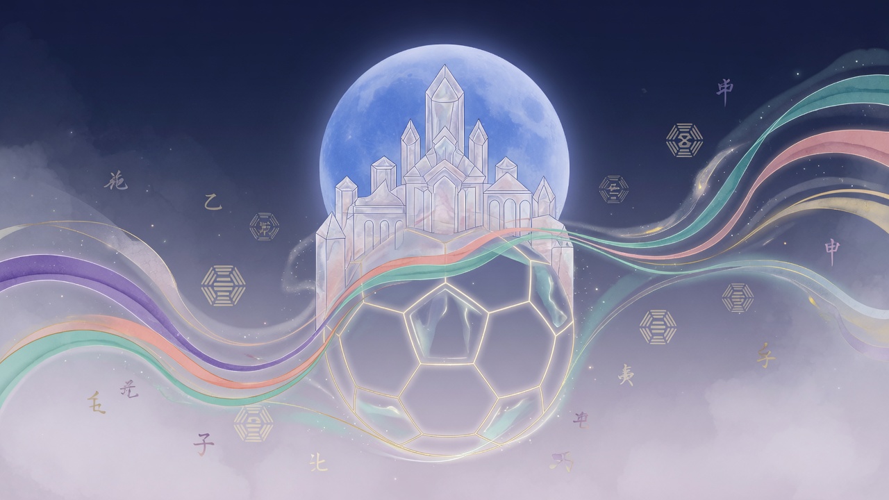 水晶与月光交织的球场命理意象,现代插画风格,无文字。