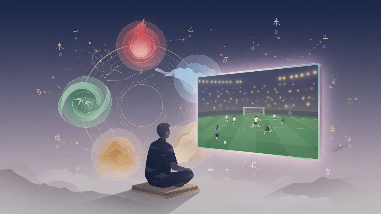 东方命理与现代观赛场景的意象融合:屏幕光影中的球迷与流转的五行能量。