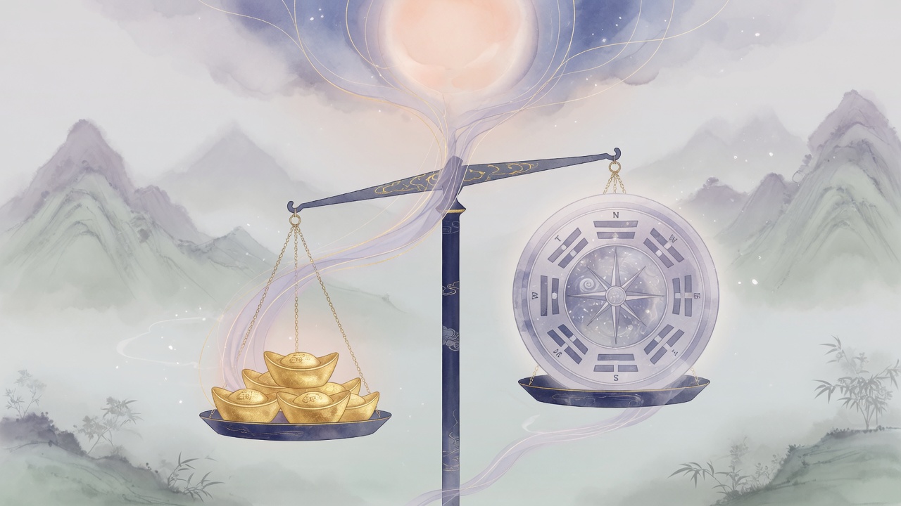 黄金与八卦意象融合的东方哲理插画,象征物质价值与宇宙规律的对话。