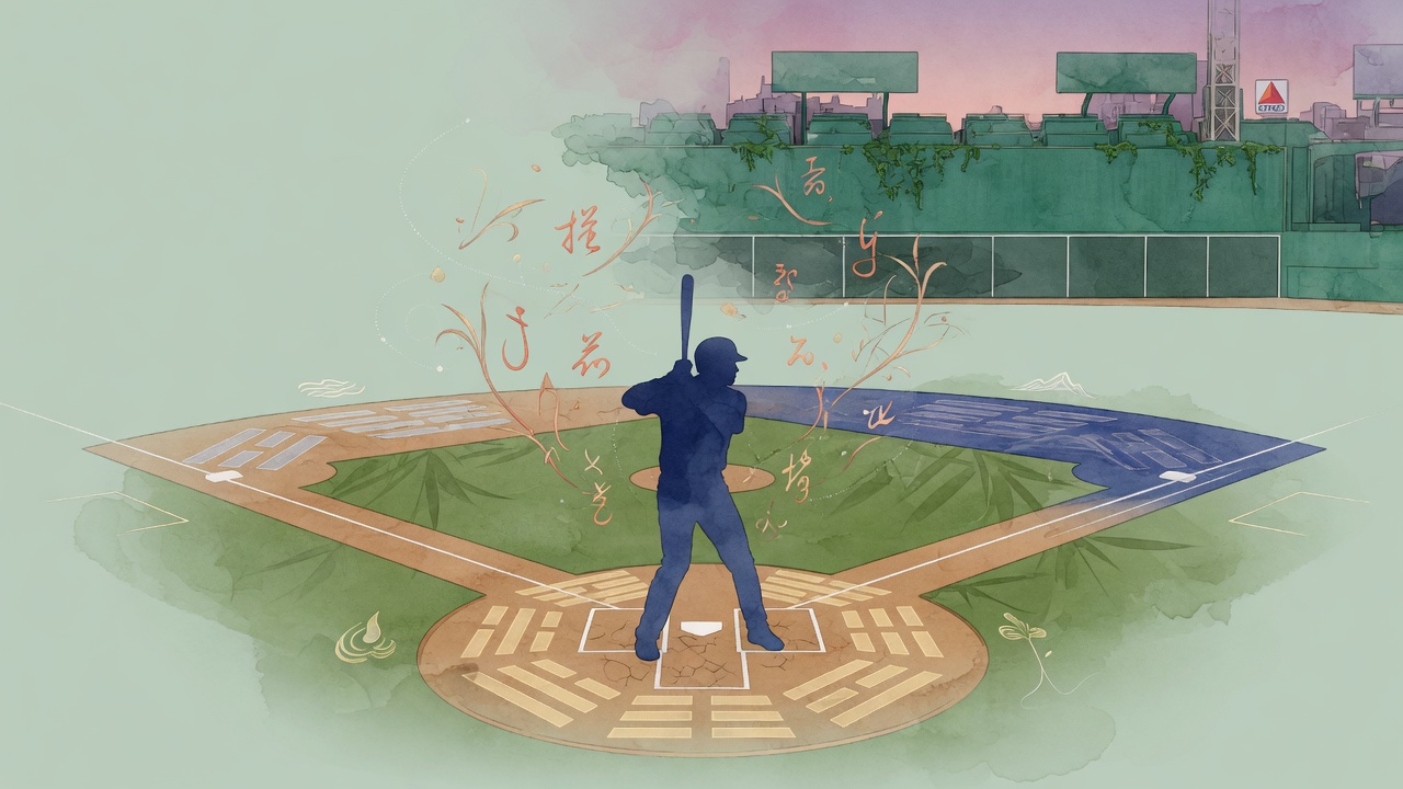 东方命理与波士顿红袜意象融合的现代插画,球场上隐约浮现天干地支与五行符号。