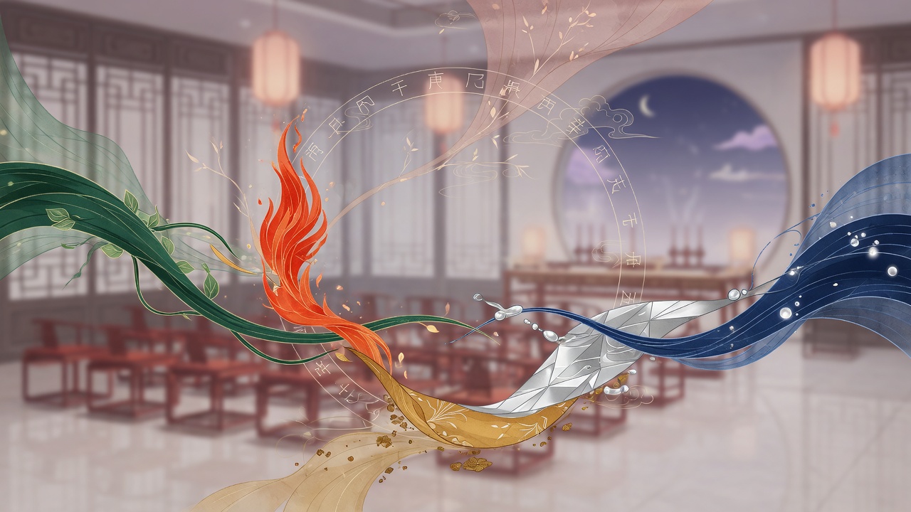 八字五行与工会场景融合的现代插画,象征性格与时势的交织。