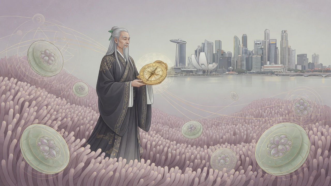 东方命理智慧与现代健康观的交融,象征在环境变化中寻找内在平衡。