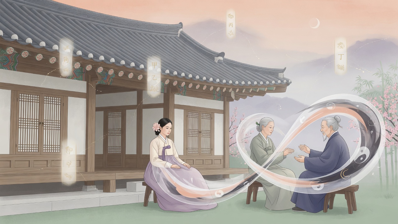 以传统韩屋与八字符号为背景的现代插画,展现家庭能量流动