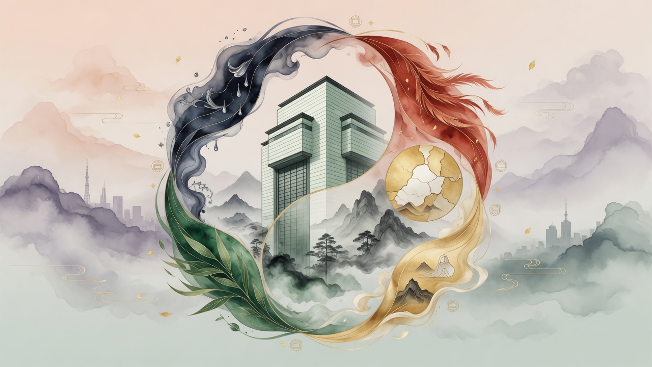 以东方水墨与现代金融元素融合,展现日股波动与五行流转之间的命理意象