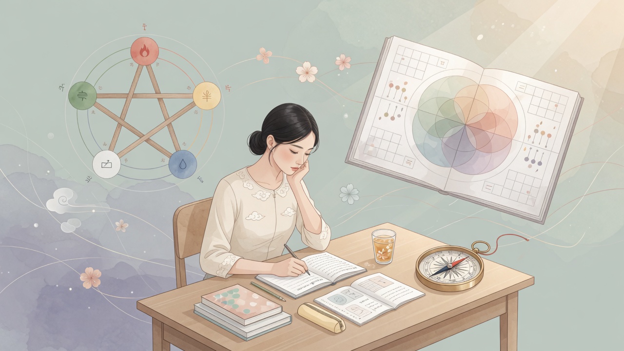 插图:备考学子与八字智慧元素融合,象征努力与时势的平衡。